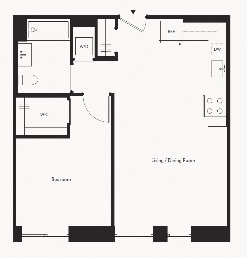 Floor plan for 1 bed, 1 bath, 645 sqft